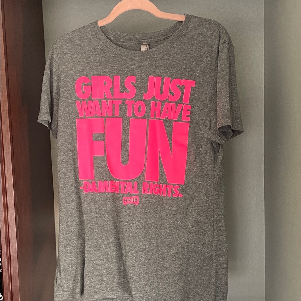 Girls Just Want to Have Fundamental rights Gray and Pink fitted Shirt